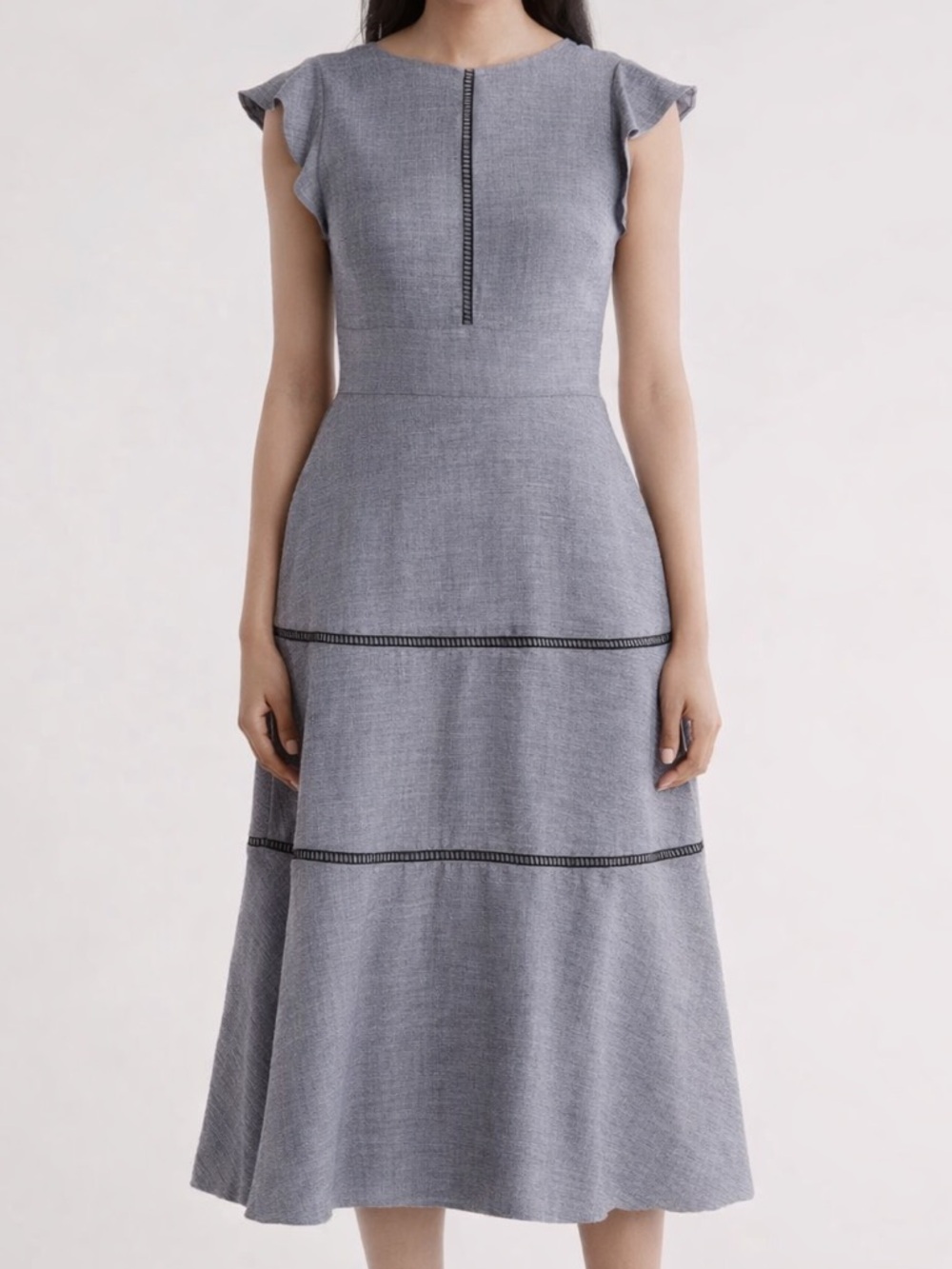 🆕🩶Calvin Klein Gray Midi Dress Size 6 NWT Smocked Fit&Flare Office Elegant $149